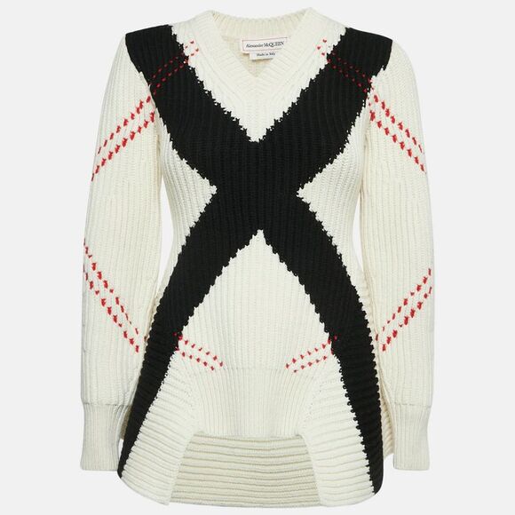 Alexander Mcqueen White Argyle Intarsia Rib Knit Sweater Xxs